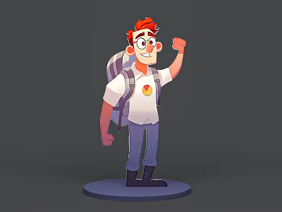 Cheerful Cartoon Man With Red Hair Glasses Backpack White T Shirt Red Logo And Fist Raised Pose 3d model