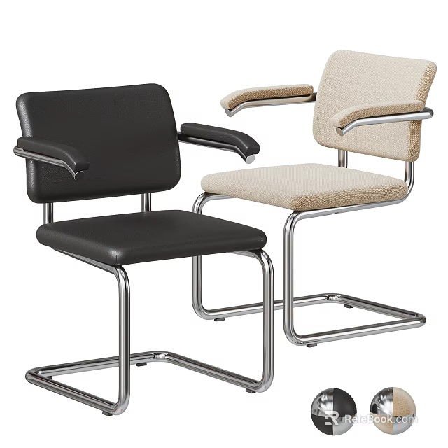 Modern Office Chairs with Black Leather and Beige Fabric Metal Frame Design 3d model 