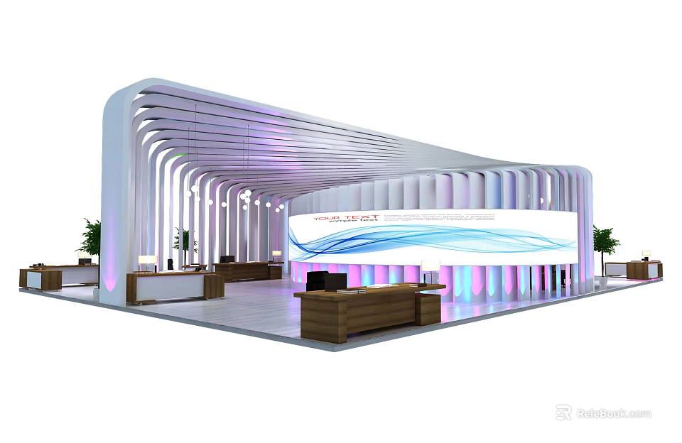 Modern Exhibition Booth Design With Curved Structure Lighting And Large Screen 3d model 