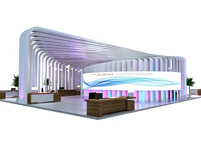 Modern Exhibition Booth Design With Curved Structure Lighting And Large Screen 3d model