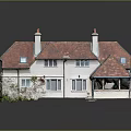 Cartoon House Scene With Red Roof Chimneys Windows And Green Plants