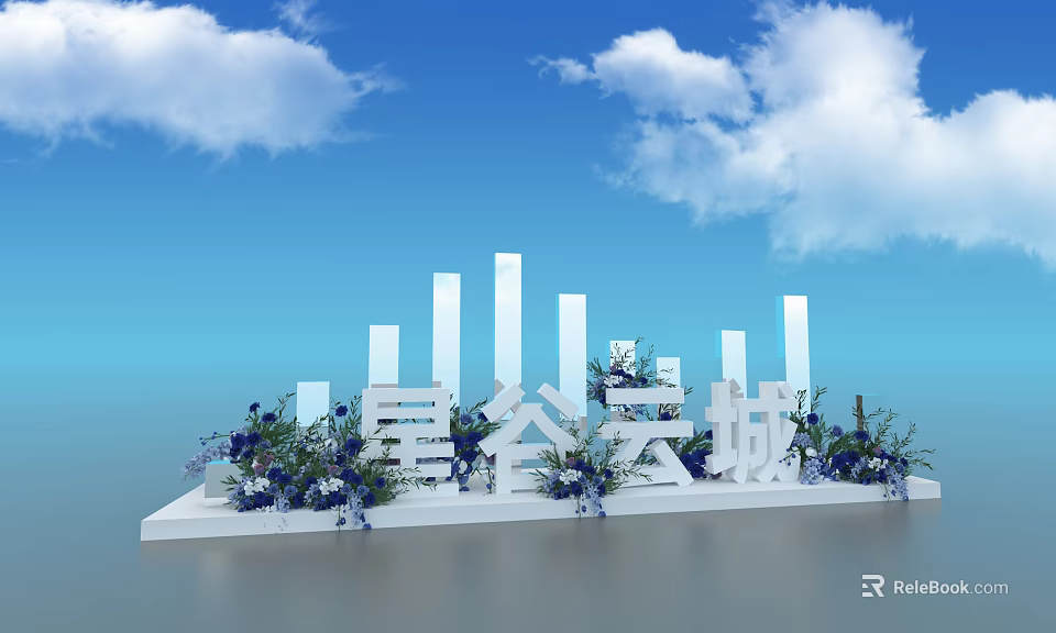 Xinggu Yuncheng Photo Check In Spot With White Pillars Blue Purple Flowers And Blue Sky 3d model 