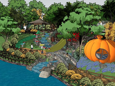 Scenic Garden Recreational Area With River Bridge Slide Pumpkin Shaped Structure Green Trees And Flowers 3d model
