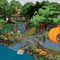 Scenic Garden Recreational Area With River Bridge Slide Pumpkin Shaped Structure Green Trees And Flowers