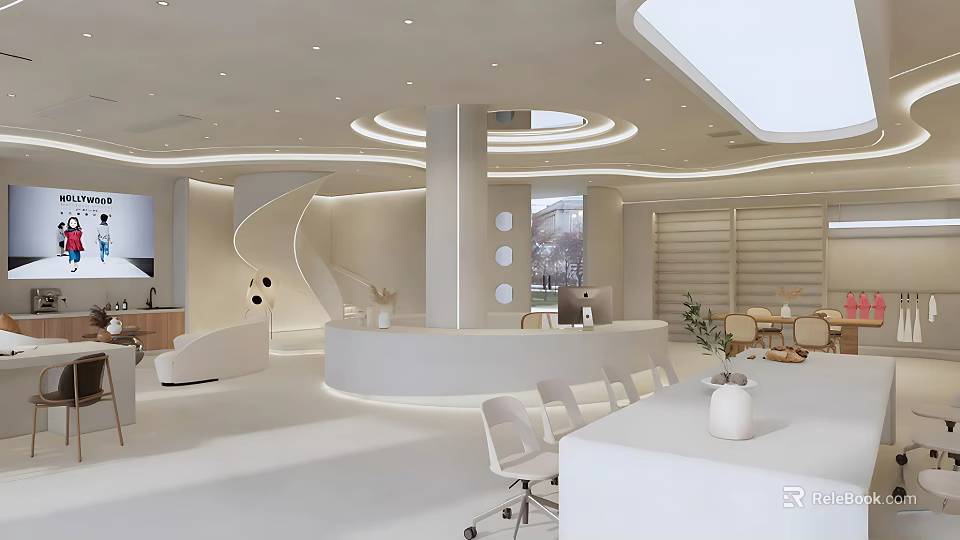 Modern White Showroom Interior With Curved Design Round Columns Skylight And Reception Desk 3d model 