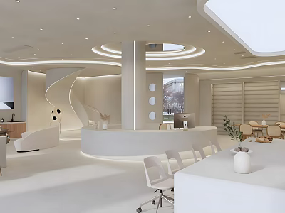 Modern White Showroom Interior With Curved Design Round Columns Skylight And Reception Desk 3d model