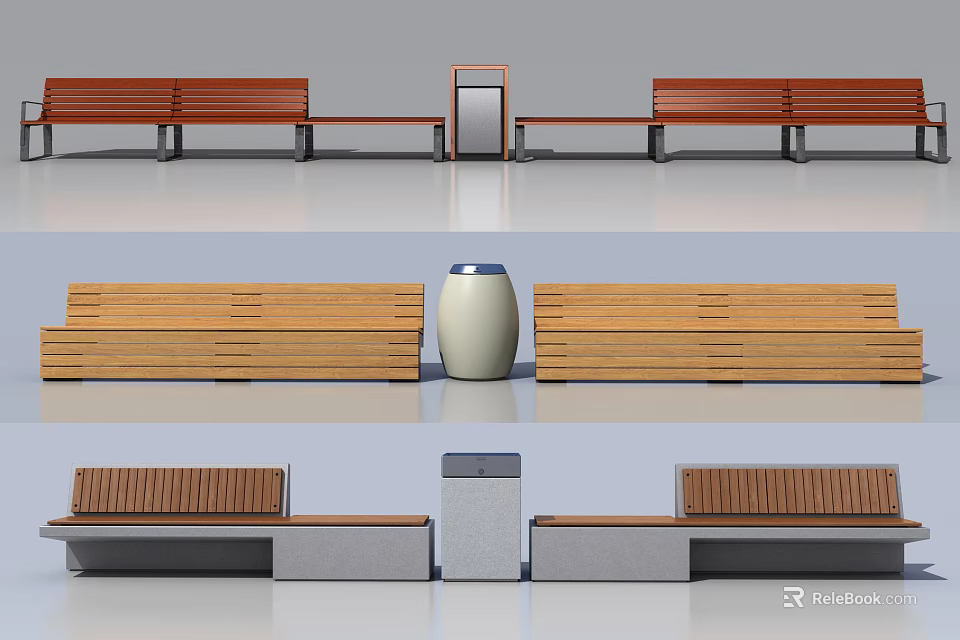 Modern Outdoor Wooden Benches With Trash Can And Different Designs For Public Areas 3d model 