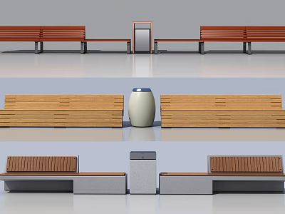 Modern Outdoor Wooden Benches With Trash Can And Different Designs For Public Areas 3d model