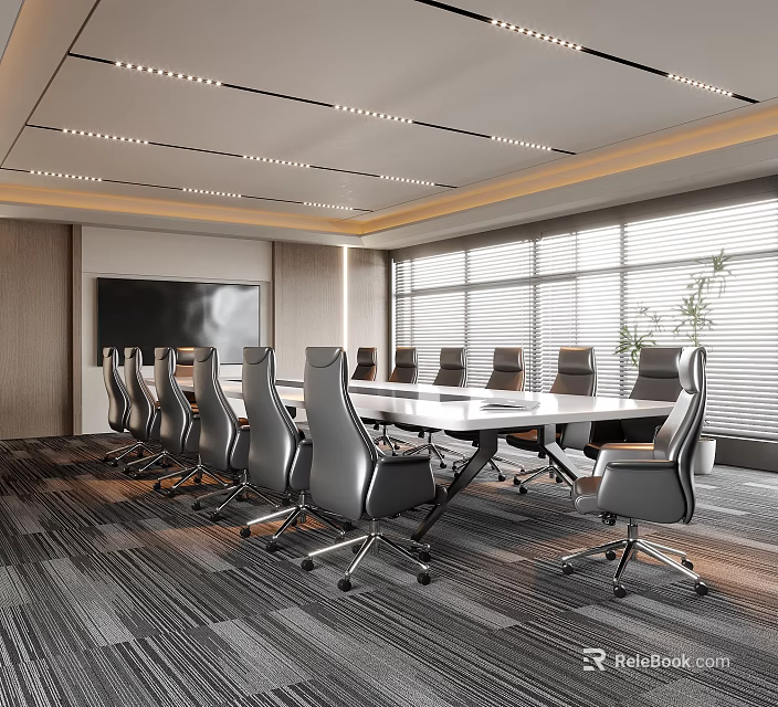 Modern Conference Room with Long Table Black Chairs Large Windows Blinds and Ceiling Light Strips 3d model 