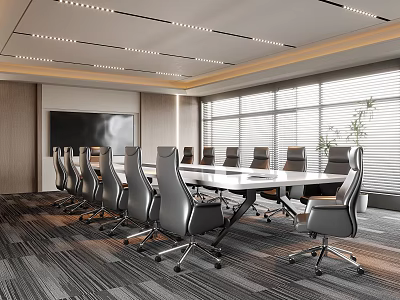 Modern Conference Room with Long Table Black Chairs Large Windows Blinds and Ceiling Light Strips 3d model
