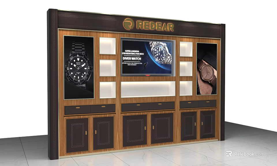 Elegant REDEAR Watch Display Shelf With Large Screen And Storage Cabinets 3d model 
