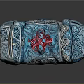 Ornate Fantasy Hammer With Blue Head Red And White Striped Handle And Intricate Patterns