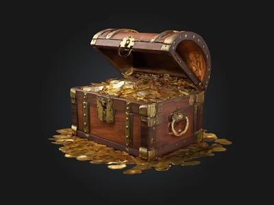 Vintage Wooden Treasure Chest Filled With Gold Coins Scattered Around On Black Background 3d model