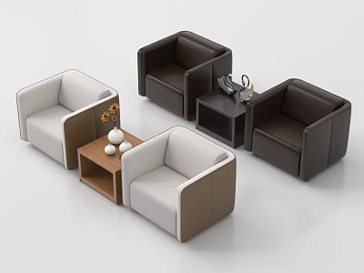 Modern Single Seater Sofa in White and Dark Brown with Side Table and Decorations 3d model