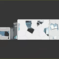 Cartoon Scene of Modern Geometric Structure with Blue White Hexagonal Patterns and Transparent Reflective Surface