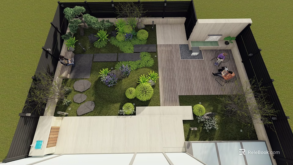 Courtyard Garden Design With Lush Greenery Stone Paths Wooden Deck And Seating Area 3d model 