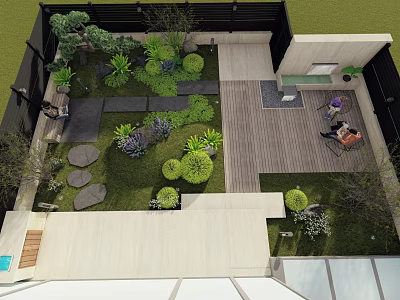 Courtyard Garden Design With Lush Greenery Stone Paths Wooden Deck And Seating Area 3d model