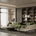 Modern Living Room With Dark Green Sofa And Arched Bookshelves