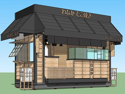 Japanese Style Wooden Takoyaki And Coffee Shop With Black Roof And Awning 3d model