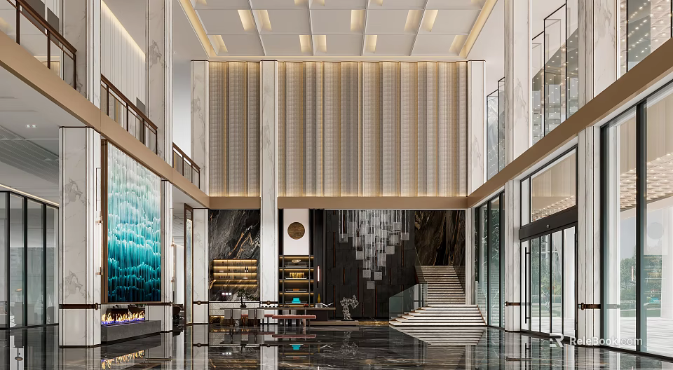 Modern Hotel Lobby Interior With Marble Floor Chandelier Staircase And Art Decor 3d model 