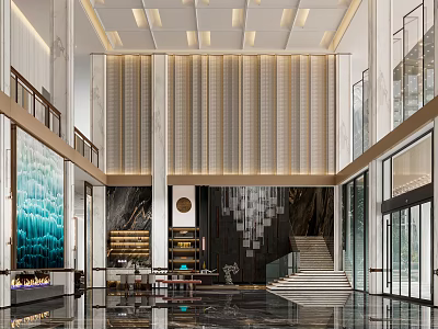 Modern Hotel Lobby Interior With Marble Floor Chandelier Staircase And Art Decor 3d model
