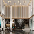 Modern Hotel Lobby Interior With Marble Floor Chandelier Staircase And Art Decor