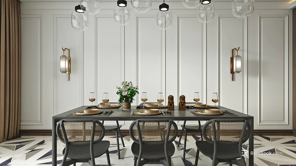 Modern Dining Room Interior Design With White Paneled Walls Glass Pendant Lights And Wicker Chairs 3d model 