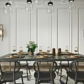 Modern Dining Room Interior Design With White Paneled Walls Glass Pendant Lights And Wicker Chairs