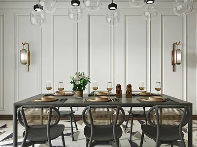 Modern Dining Room Interior Design With White Paneled Walls Glass Pendant Lights And Wicker Chairs 3d model