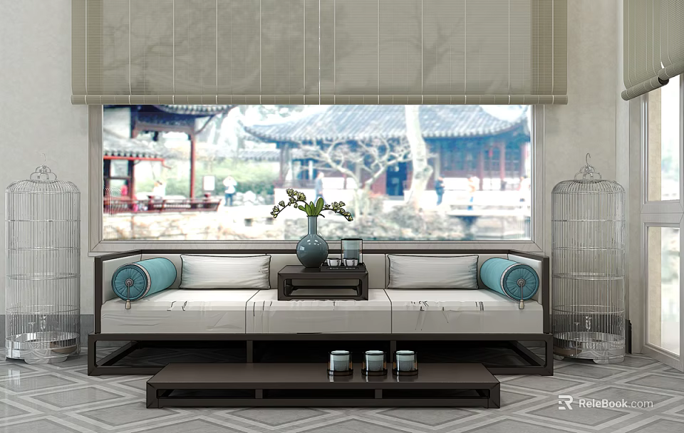 Traditional Chinese Arhat Bed With White Brown Frame Blue Cushions Coffee Table And Window View 3d model 
