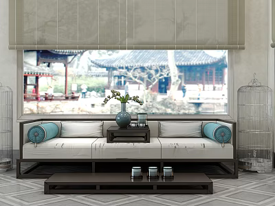 Traditional Chinese Arhat Bed With White Brown Frame Blue Cushions Coffee Table And Window View 3d model