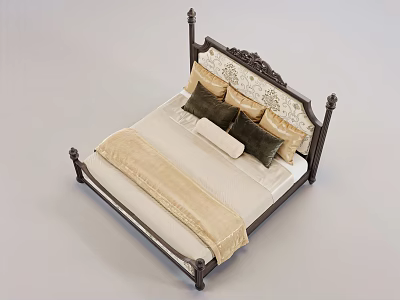 Classic Double Bed With Ornate Carved Headboard Beige And Dark Green Pillows Layered Bedspread 3d model