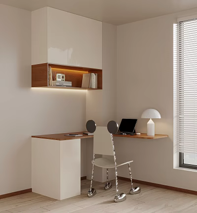 Modern Study Corner Desk and Chair Set with Wooden Top White Chair Laptop and Lamp in Home Office 3d model