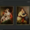 Two Classical Portrait Paintings of Women and Children with Gold Frames on Gray Wall