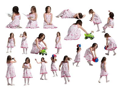 Little Girl in Pink Dress Displaying Various Poses and Playful Actions 3d model