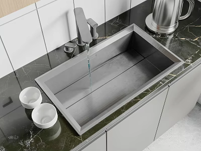 Stainless Steel Kitchen Sink With Faucet On Dark Marble Countertop And White Small Bowls 3d model