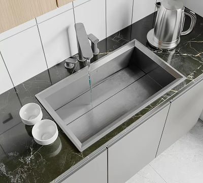 Stainless Steel Kitchen Sink With Faucet On Dark Marble Countertop And White Small Bowls 3d model