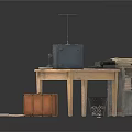 Vintage Office Scene With Wooden Desk Typewriter Radio And Scattered Papers
