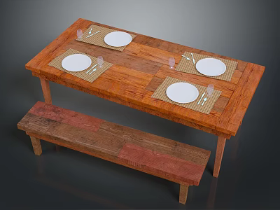 Rustic Wooden Dining Table and Bench with White Plates Cutlery Glassware and Placemats 3d model