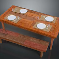 Rustic Wooden Dining Table and Bench with White Plates Cutlery Glassware and Placemats