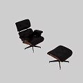 Modern Black Leather Leisure Chair With Wooden Armrests And Ottoman