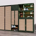 Modern Green Bookcase With Rattan Doors And Open Shelves Holding Books And Decorative Items