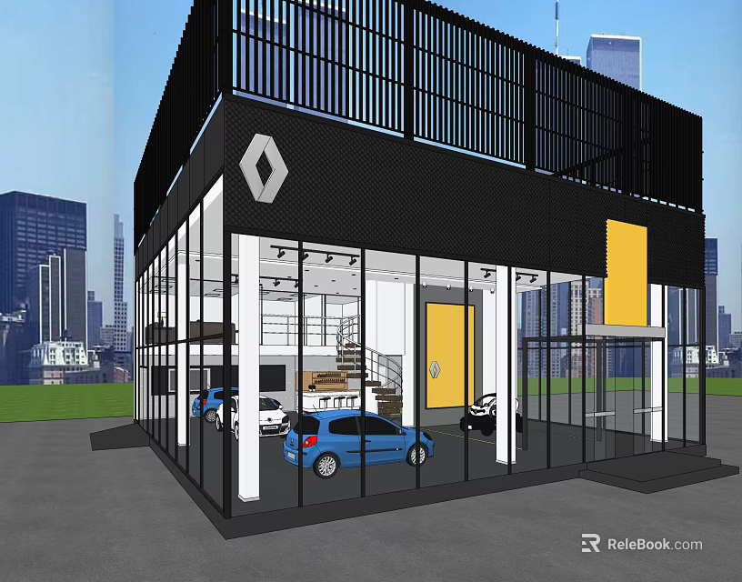 Car Showroom With Glass Facade Black Structure Renault Logo And Cars Inside Urban Background 3d model 