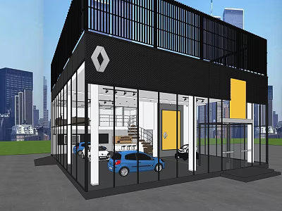 Car Showroom With Glass Facade Black Structure Renault Logo And Cars Inside Urban Background 3d model