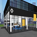 Car Showroom With Glass Facade Black Structure Renault Logo And Cars Inside Urban Background