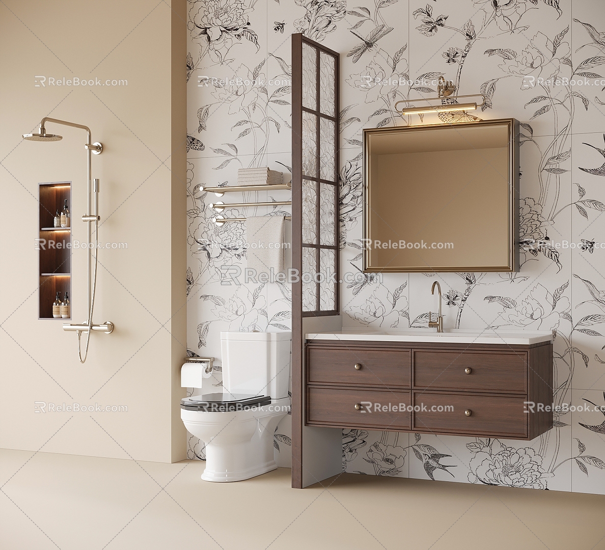 French Bathroom Cabinet Washstand Mirror Toilet Shower 3d model