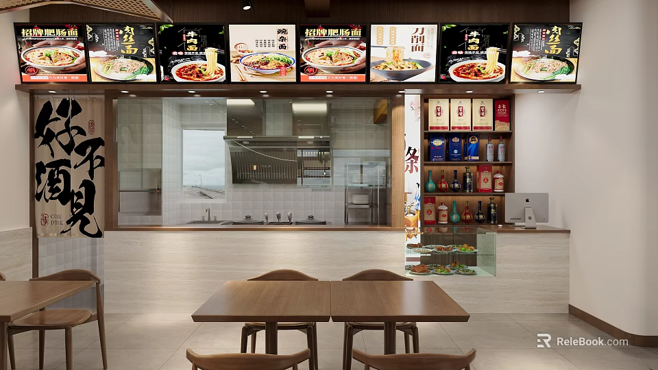 Chinese Restaurant Featuring Menu Screens Open Kitchen Dining Tables And Condiment Shelves 3d model 