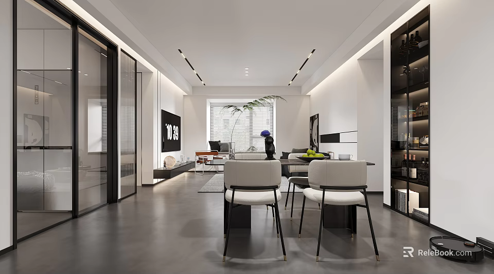 Modern Living And Dining Room Interior With Open Layout Dining Table Sofa And Pendant Lights 3d model