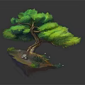 Colorful Cartoon Scene Featuring Curved Trunk Tree Green Leaves Small Stones And Tiny Plants