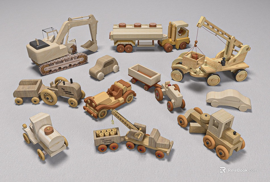 Wooden Block Toy Vehicles Including Excavator Truck Crane And Car Models 3d model 